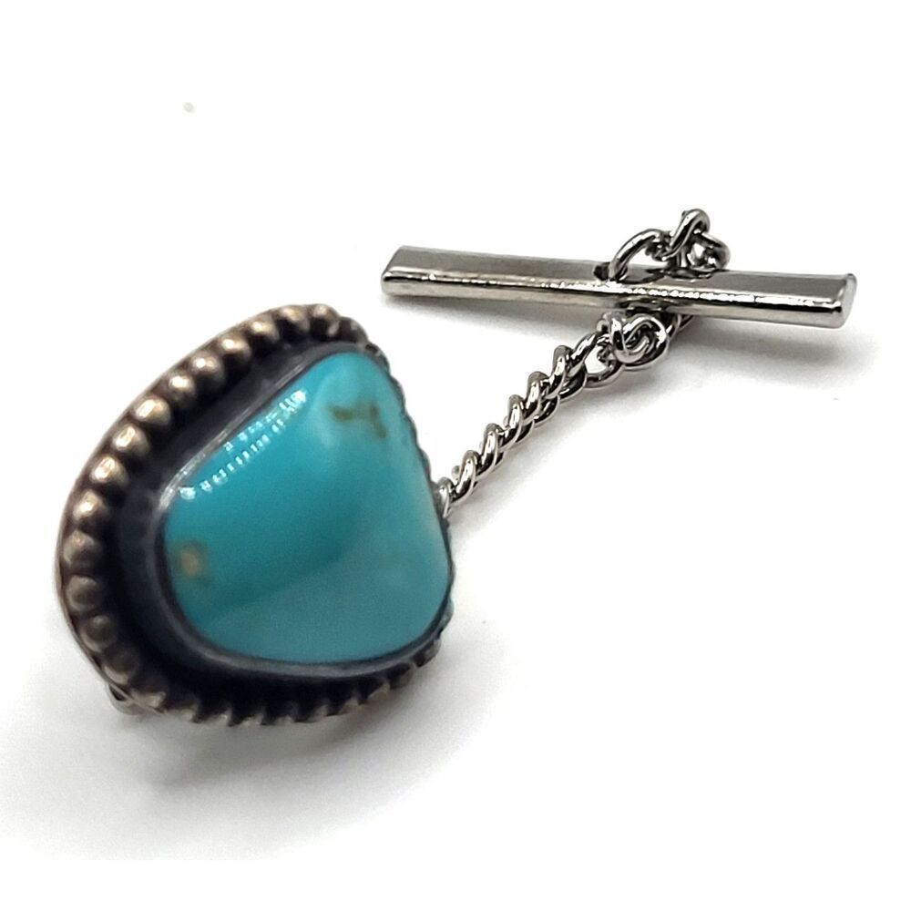 Native Turquoise Tie Clip Signed Iz Sterling Silver 0.6in